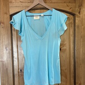 Anthropologie Aqua Blue Flutter Sleeve Top